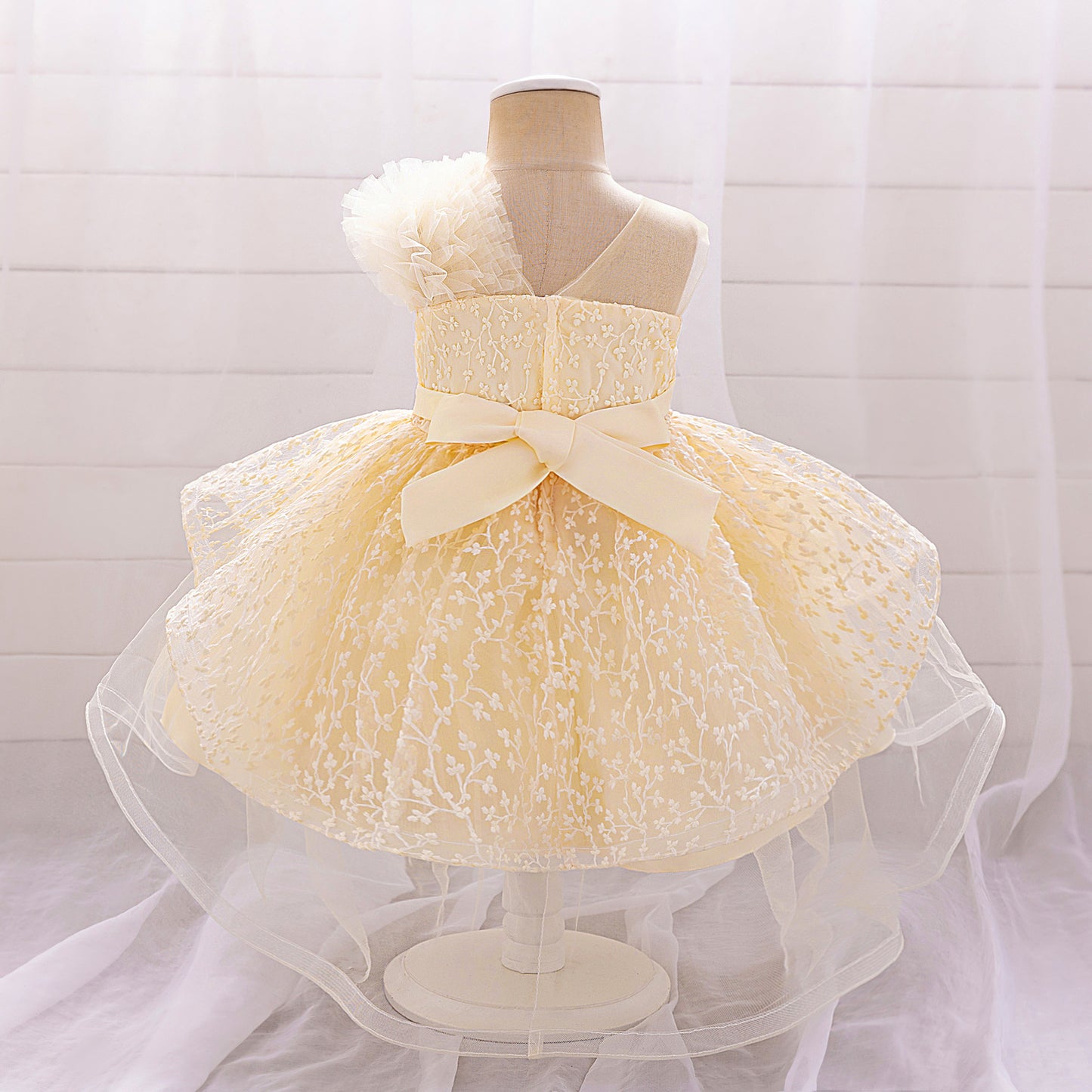 Puffy Off-Shoulder Tulle Princess Dress for Baby Girls | Embroidered Tea Length Party Gown