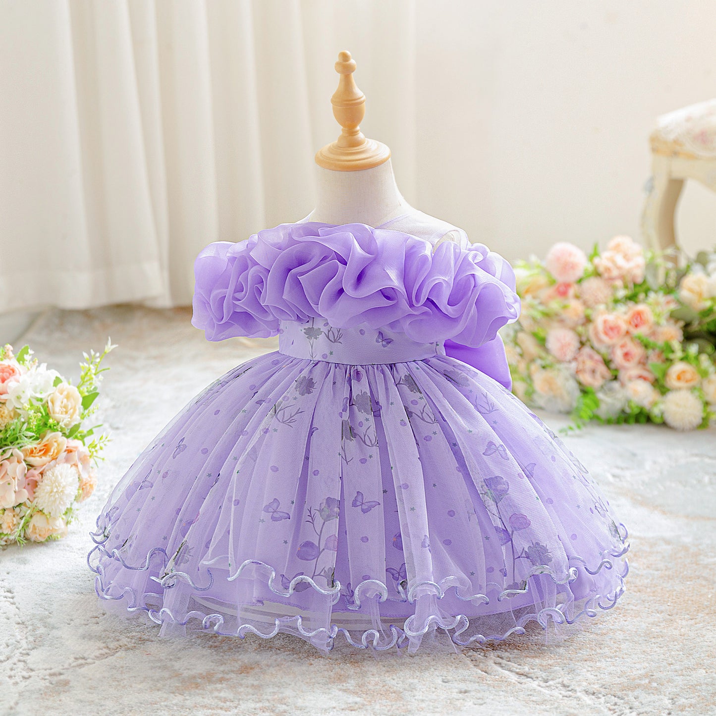Puffy Off-Shoulder Tulle Ball Gown for Little Girls – Party, Wedding & Celebration Dress