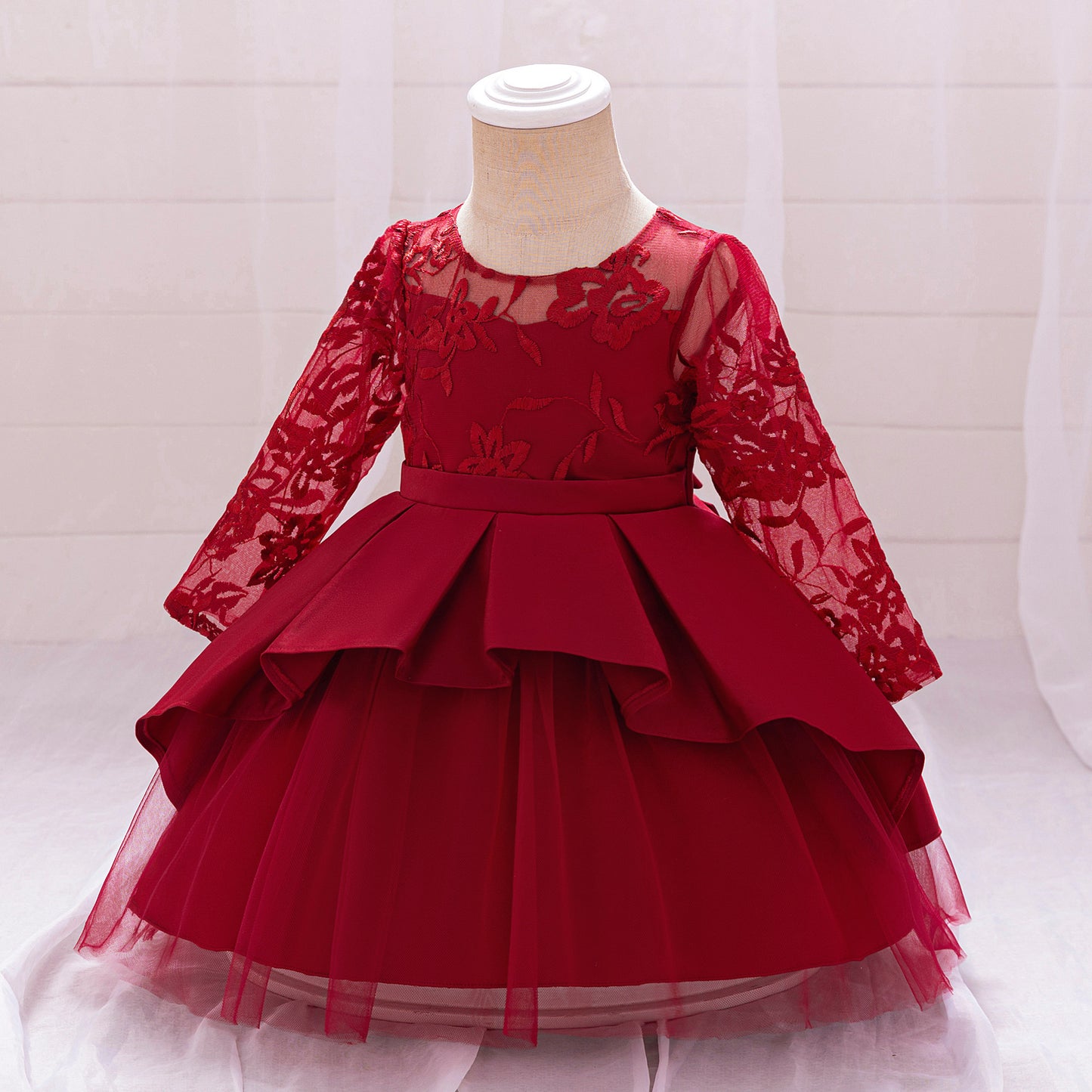Puffy Satin Floral Embroidered Birthday Dress – Tea Length Princess Gown for Toddlers