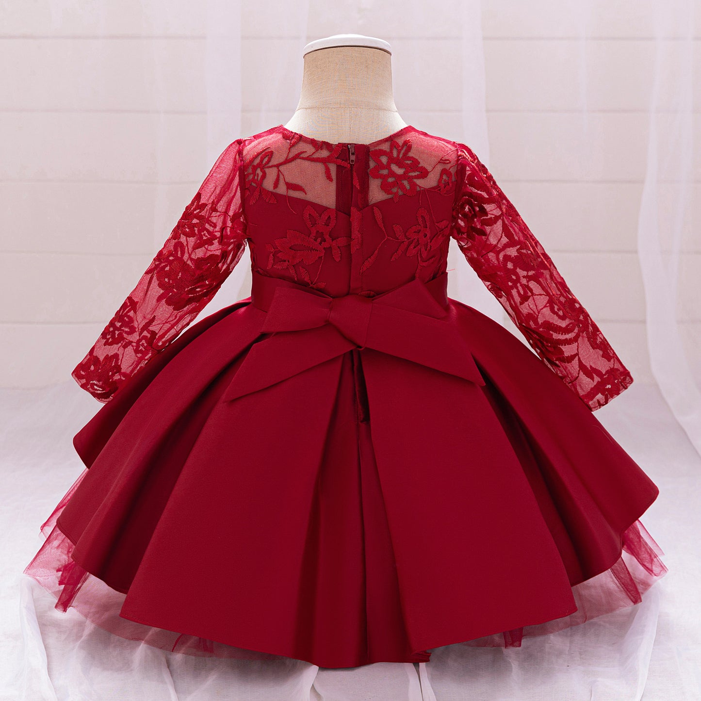 Puffy Satin Floral Embroidered Birthday Dress – Tea Length Princess Gown for Toddlers