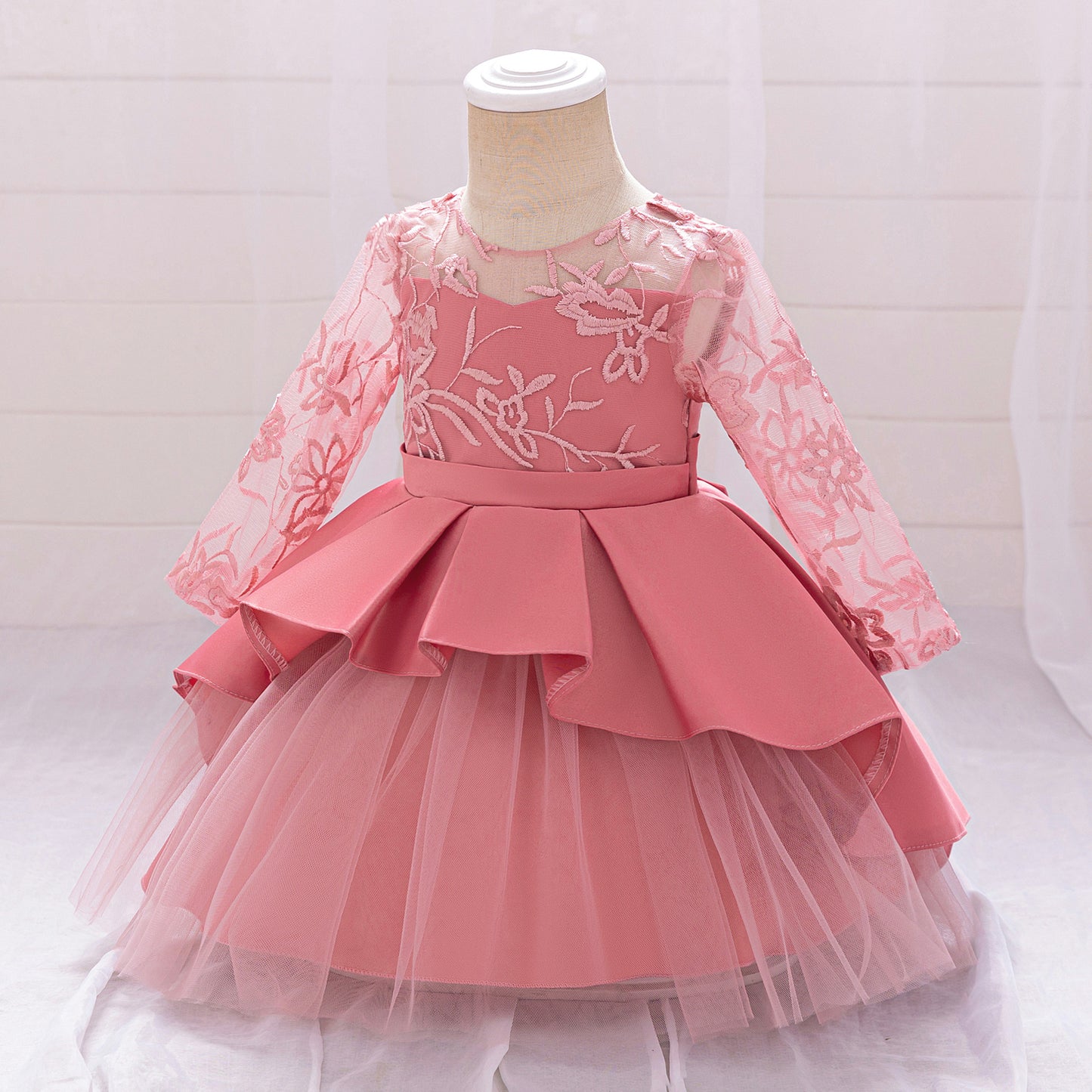 Puffy Satin Floral Embroidered Birthday Dress – Tea Length Princess Gown for Toddlers
