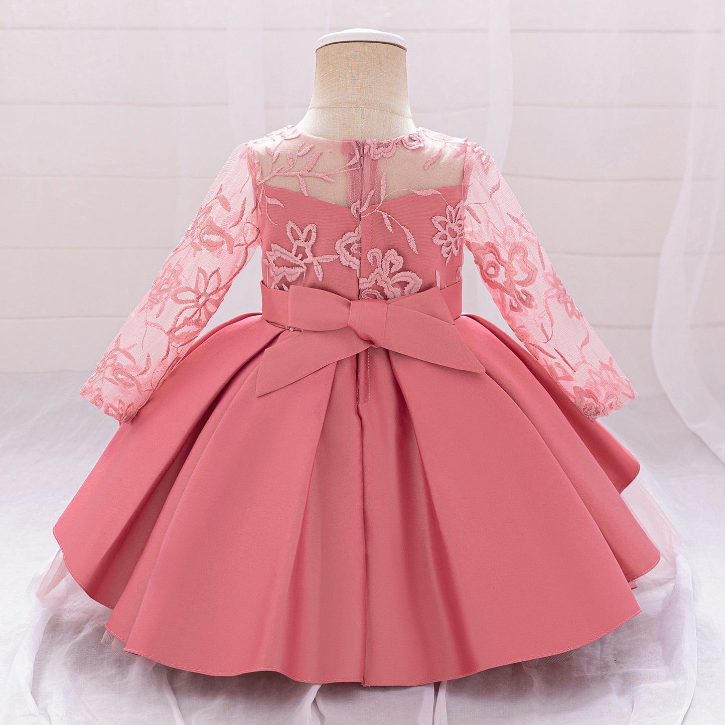 Puffy Satin Floral Embroidered Birthday Dress – Tea Length Princess Gown for Toddlers