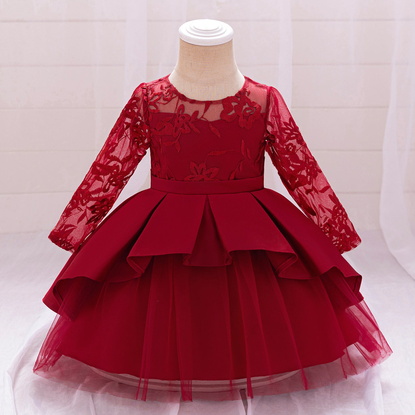 Puffy Satin Floral Embroidered Birthday Dress – Tea Length Princess Gown for Toddlers