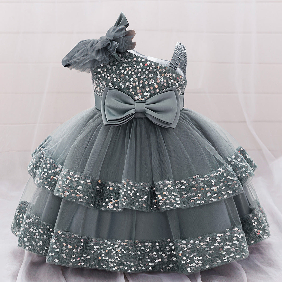 Puffy Sequin Princess Ball Gown Dress for Girls Tea Length – Cute Off Shoulder Flower Girl Outfit