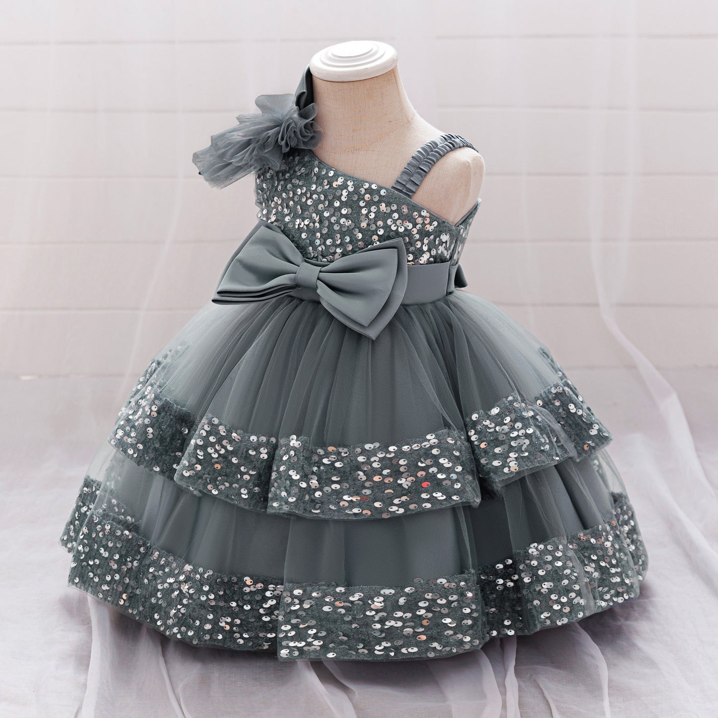 Puffy Sequin Princess Ball Gown Dress for Girls Tea Length – Cute Off Shoulder Flower Girl Outfit