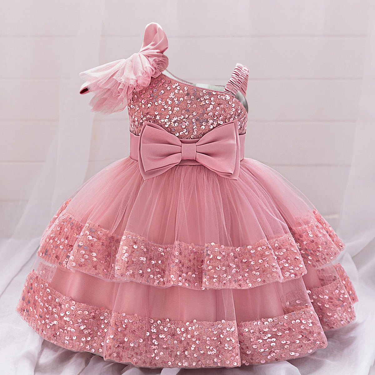 Puffy Sequin Princess Ball Gown Dress for Girls Tea Length – Cute Off Shoulder Flower Girl Outfit