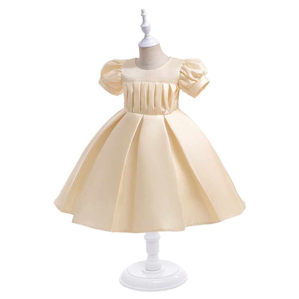 Tea-Length Satin Princess Dress for Girls with Puff Sleeves