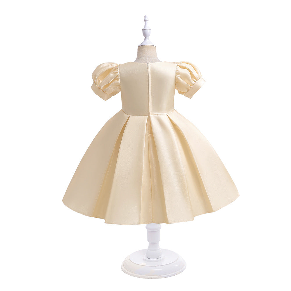 Tea-Length Satin Princess Dress for Girls with Puff Sleeves