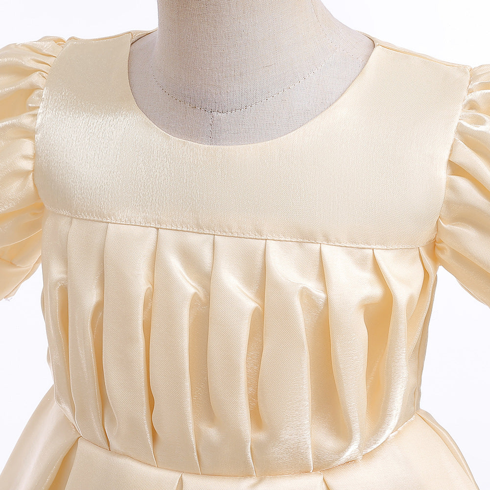 Tea-Length Satin Princess Dress for Girls with Puff Sleeves