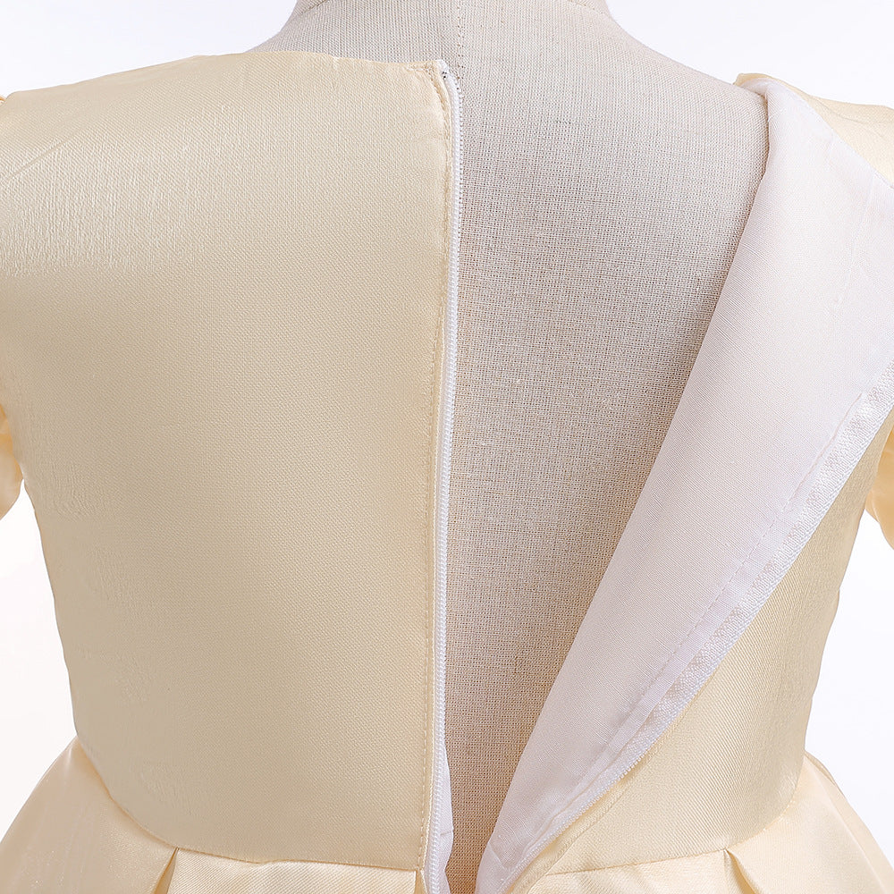 Tea-Length Satin Princess Dress for Girls with Puff Sleeves