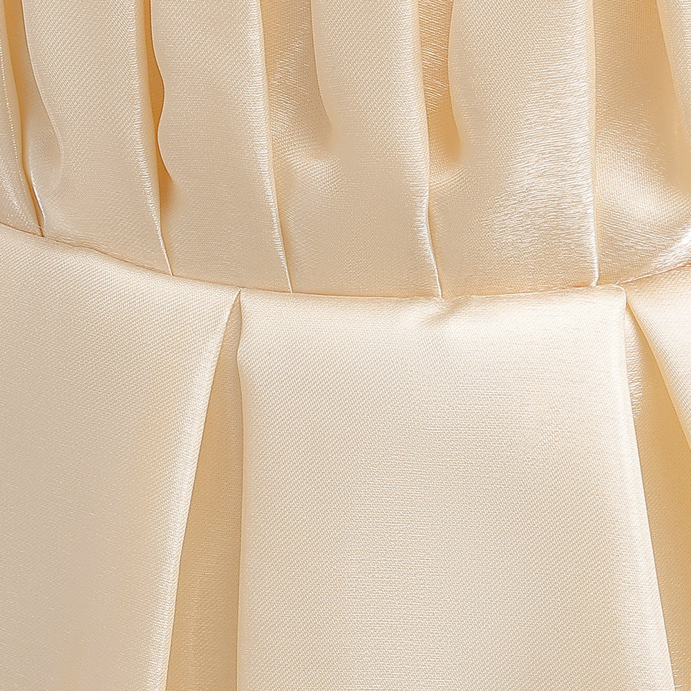 Tea-Length Satin Princess Dress for Girls with Puff Sleeves