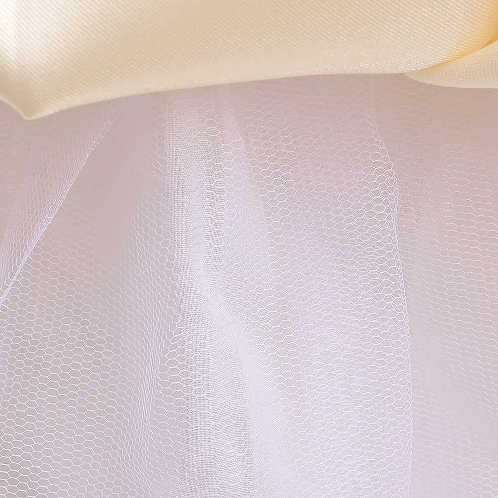 Tea-Length Satin Princess Dress for Girls with Puff Sleeves
