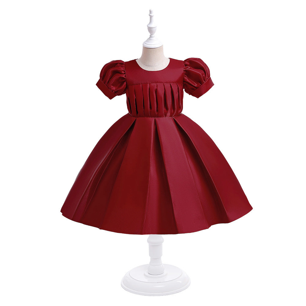 Tea-Length Satin Princess Dress for Girls with Puff Sleeves