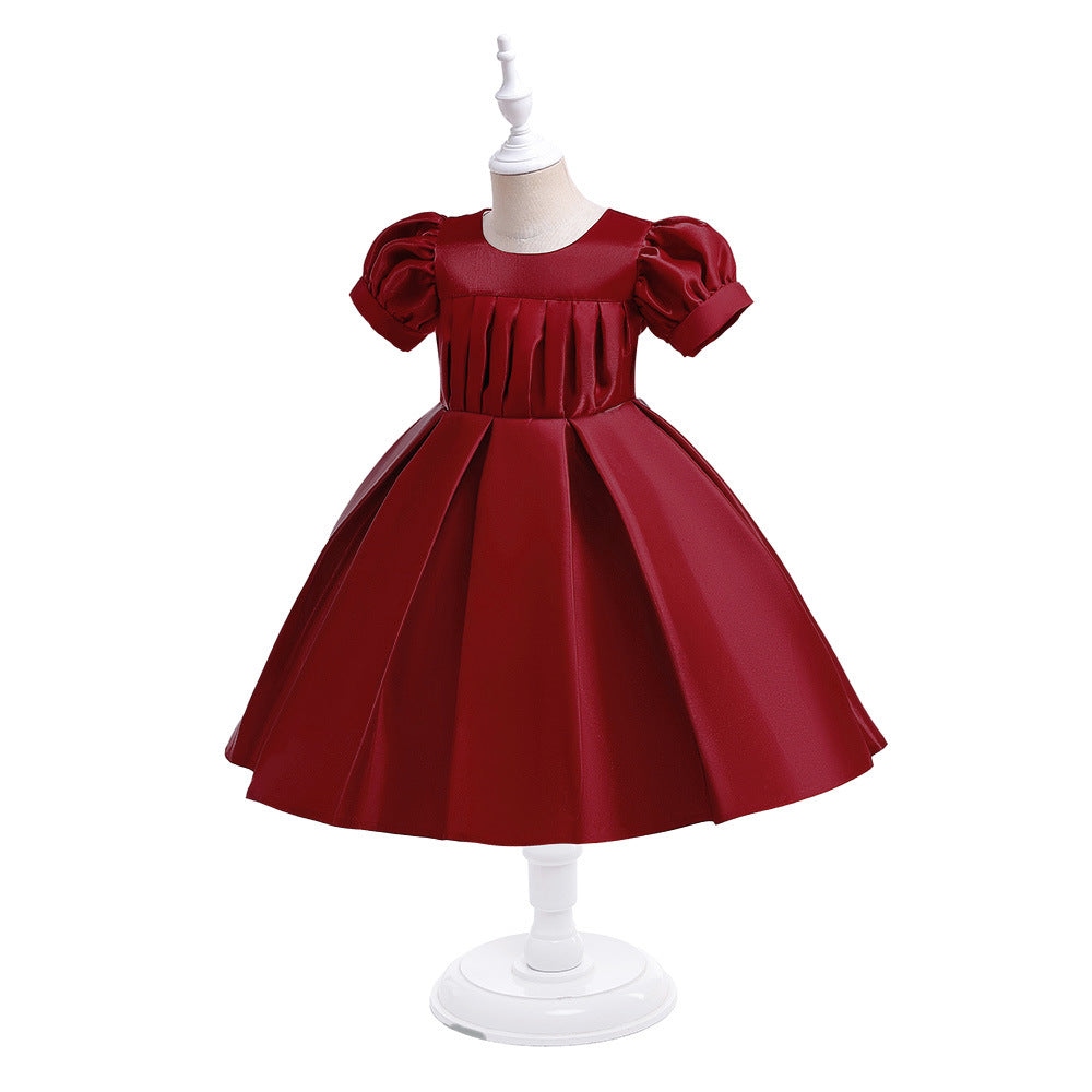 Tea-Length Satin Princess Dress for Girls with Puff Sleeves