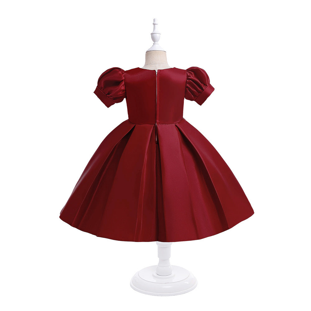 Tea-Length Satin Princess Dress for Girls with Puff Sleeves