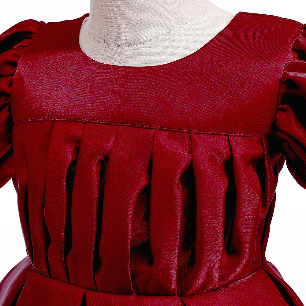 Tea-Length Satin Princess Dress for Girls with Puff Sleeves