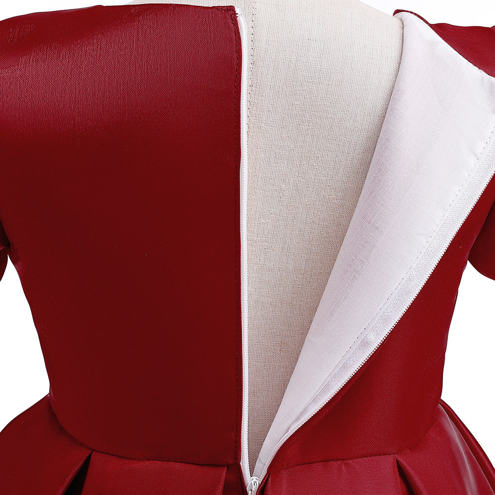 Tea-Length Satin Princess Dress for Girls with Puff Sleeves