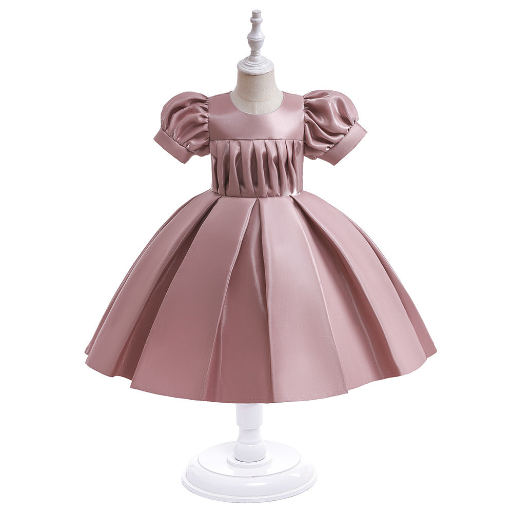 Tea-Length Satin Princess Dress for Girls with Puff Sleeves