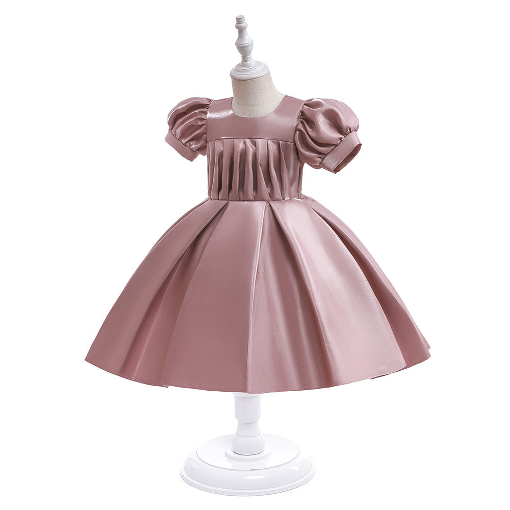 Tea-Length Satin Princess Dress for Girls with Puff Sleeves