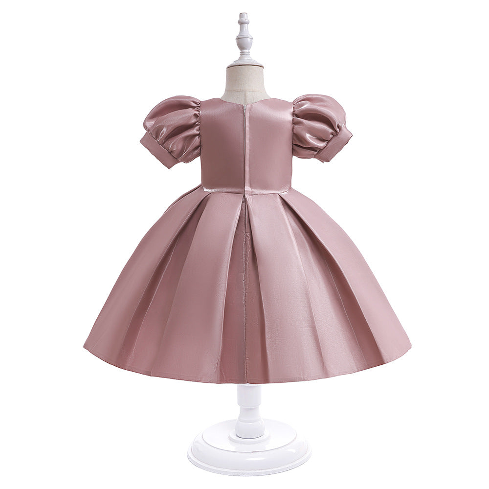 Tea-Length Satin Princess Dress for Girls with Puff Sleeves