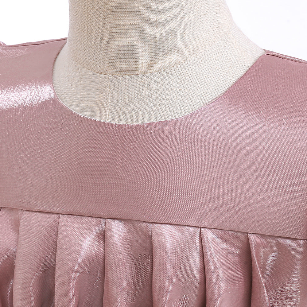 Tea-Length Satin Princess Dress for Girls with Puff Sleeves