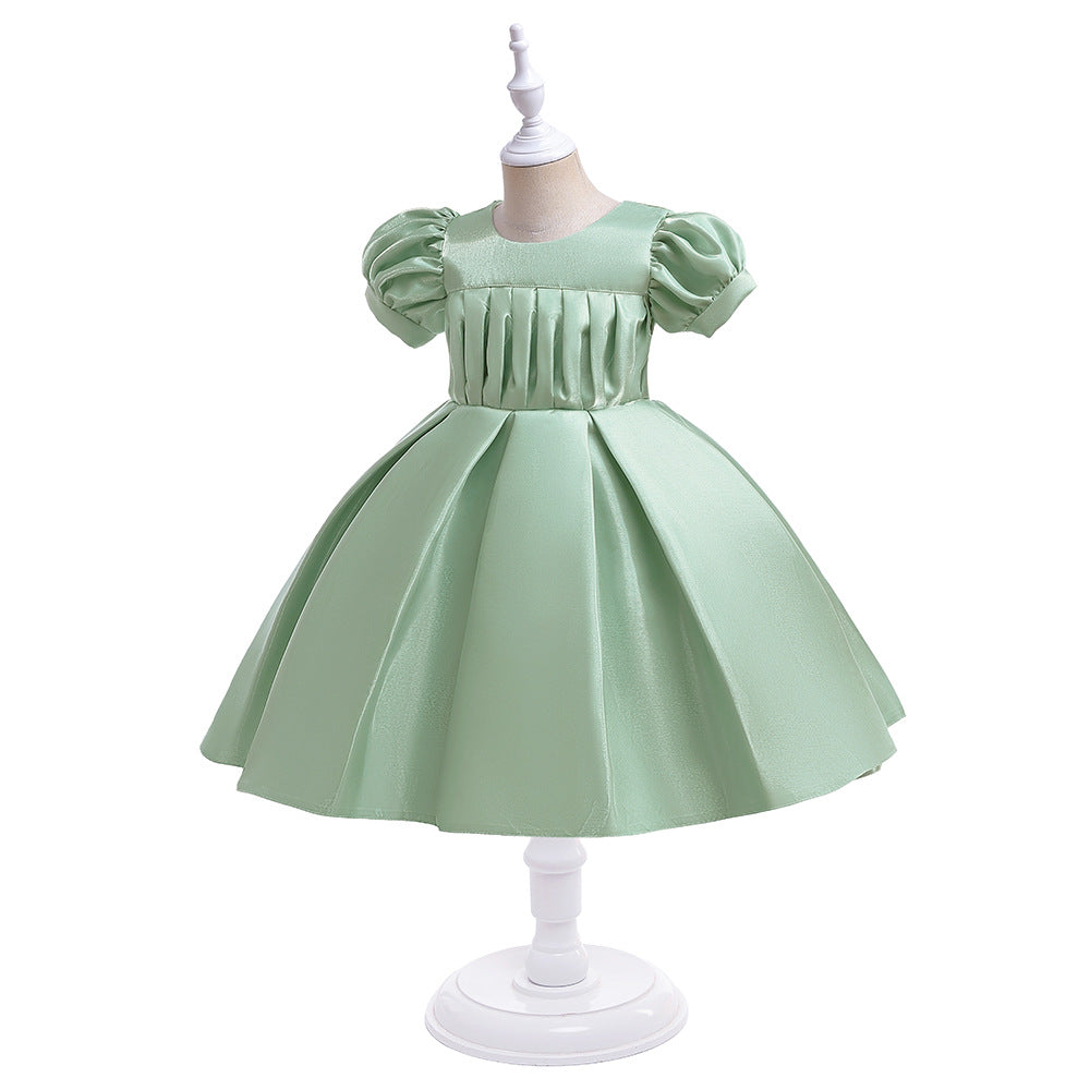 Tea-Length Satin Princess Dress for Girls with Puff Sleeves