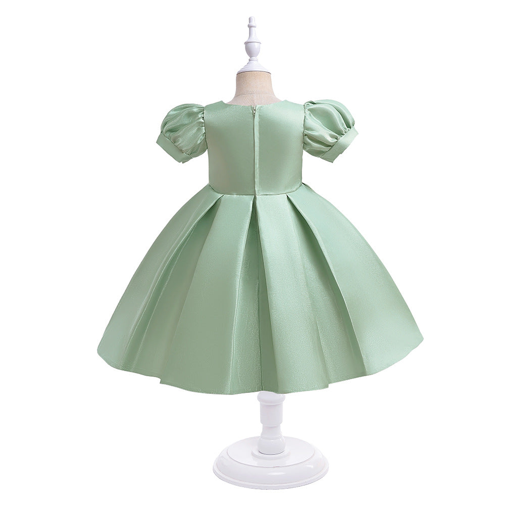 Tea-Length Satin Princess Dress for Girls with Puff Sleeves
