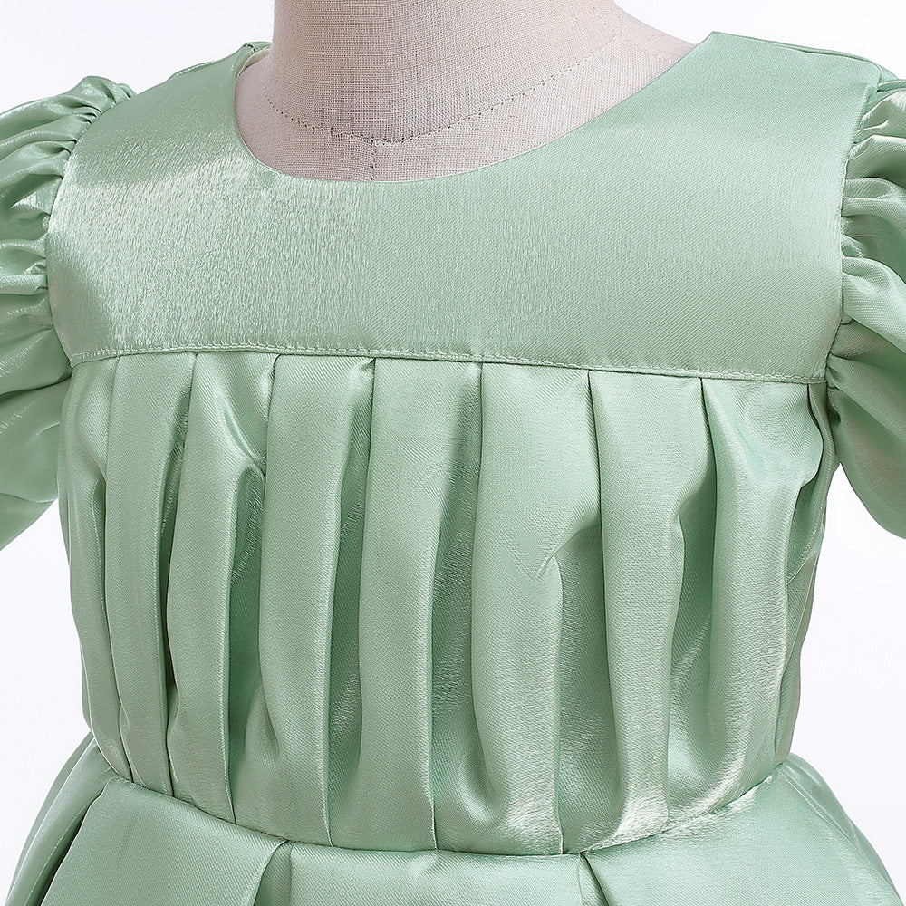 Tea-Length Satin Princess Dress for Girls with Puff Sleeves
