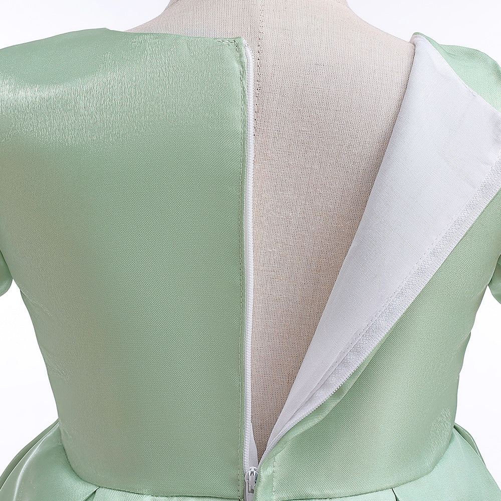 Tea-Length Satin Princess Dress for Girls with Puff Sleeves