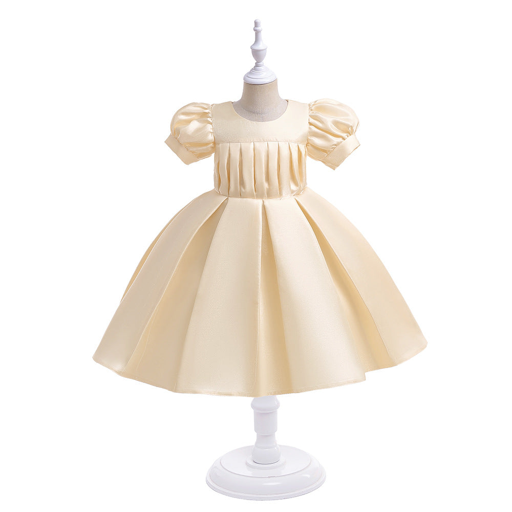 Tea-Length Satin Princess Dress for Girls with Puff Sleeves