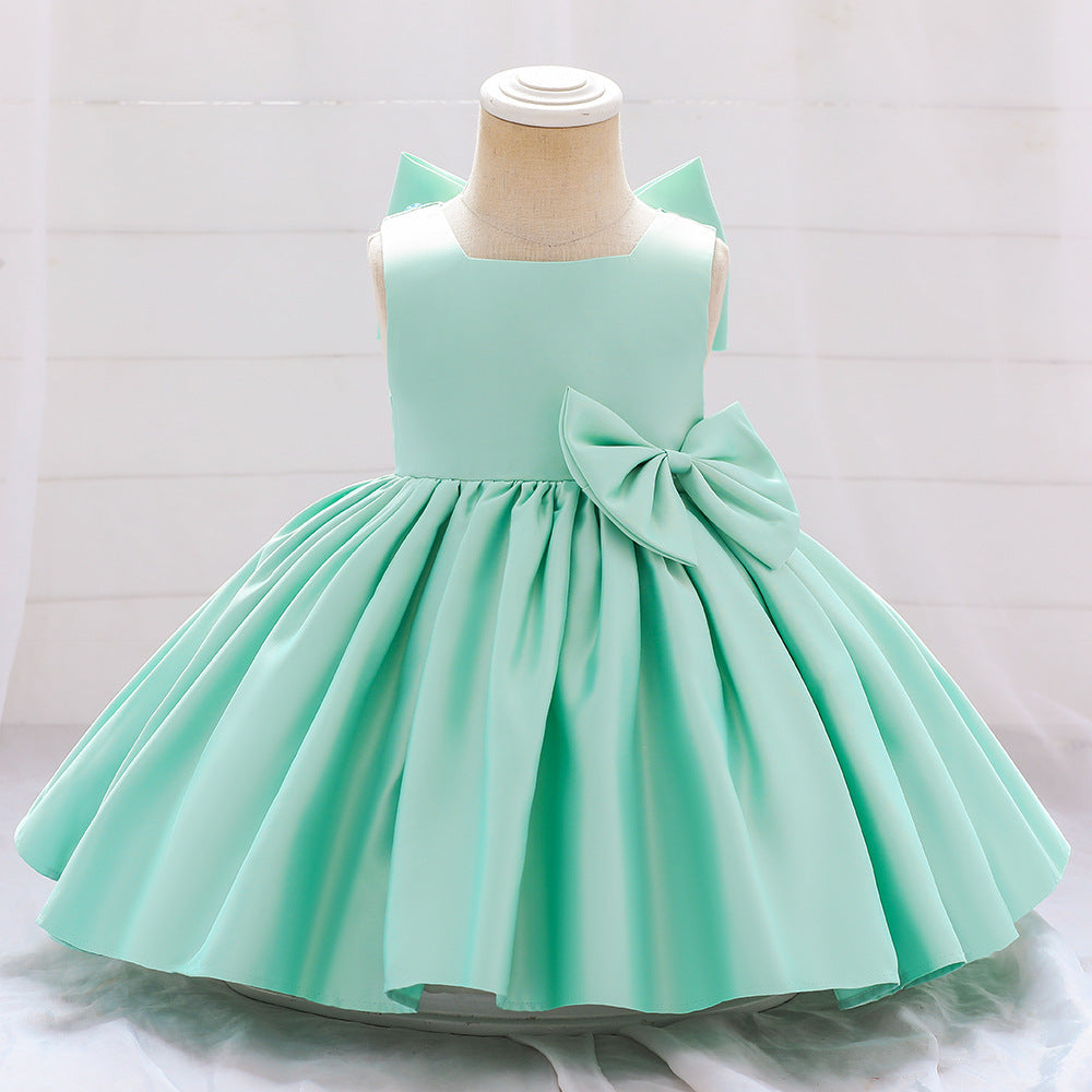 Adorable Satin Bow A-Line Tea Length Dress for Girls (3-10 Years)