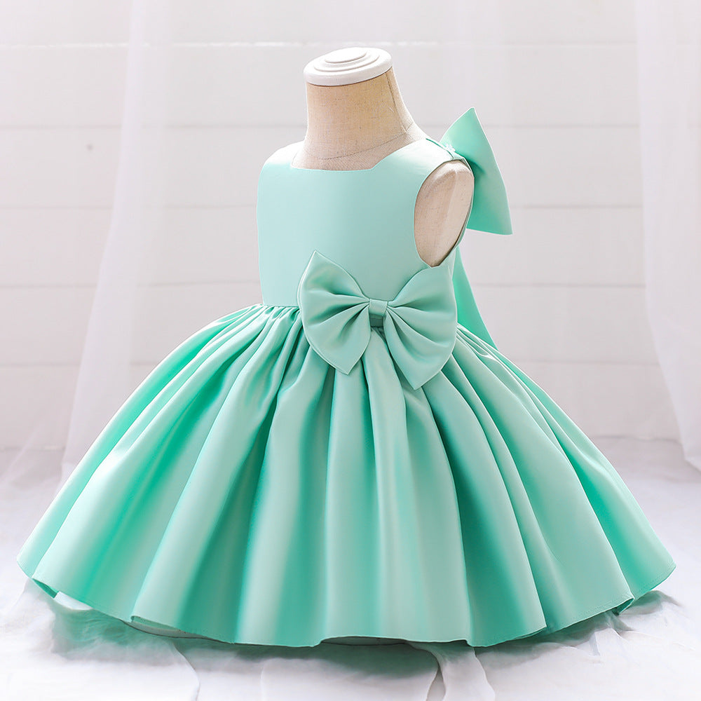 Adorable Satin Bow A-Line Tea Length Dress for Girls (3-10 Years)
