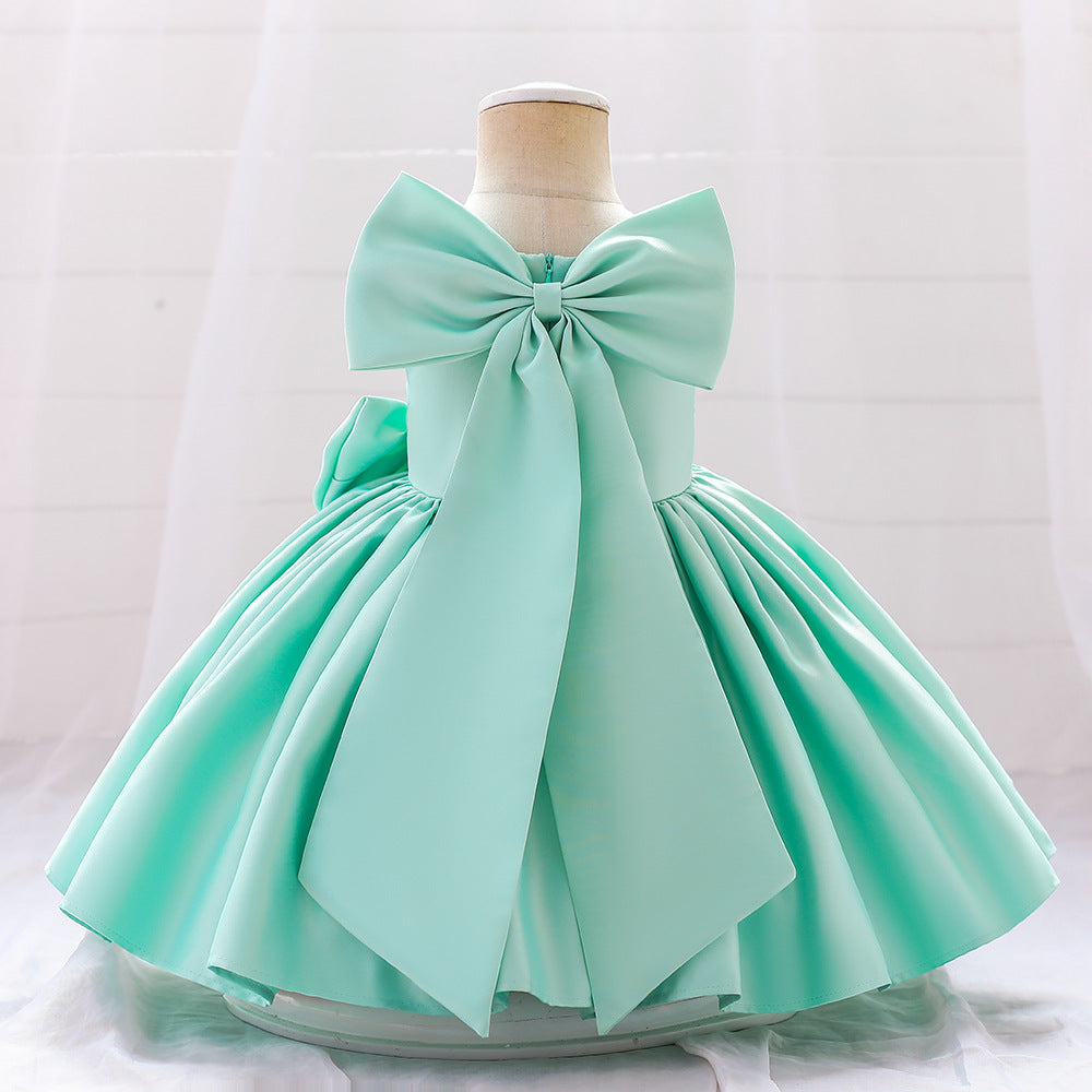 Adorable Satin Bow A-Line Tea Length Dress for Girls (3-10 Years)
