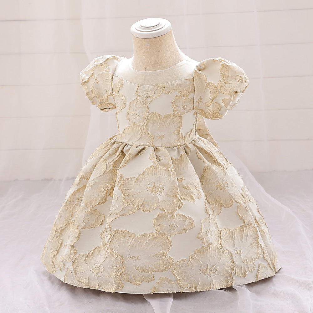 Adorable Satin Floral Princess Dress for Baby Girls | Tea Length Bubble Sleeve Party Dress