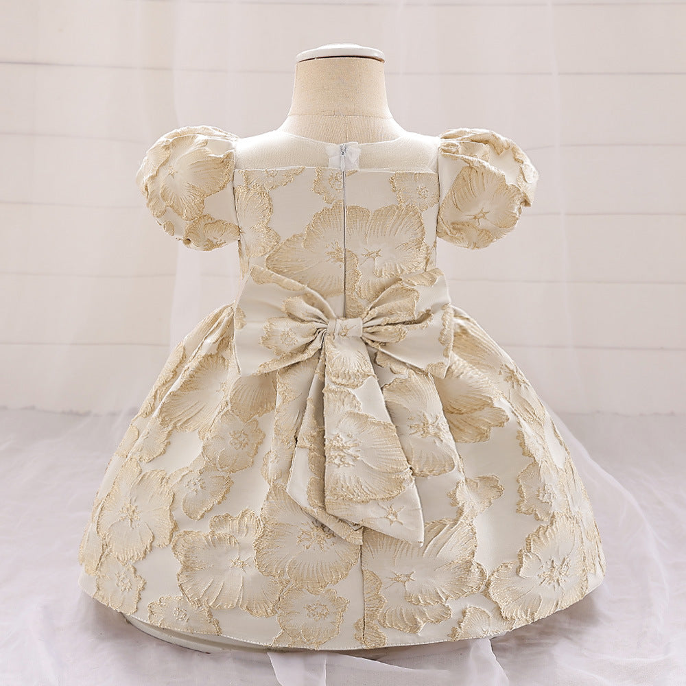 Adorable Satin Floral Princess Dress for Baby Girls | Tea Length Bubble Sleeve Party Dress