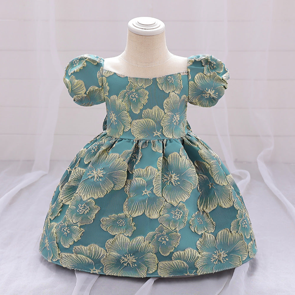 Adorable Satin Floral Princess Dress for Baby Girls | Tea Length Bubble Sleeve Party Dress
