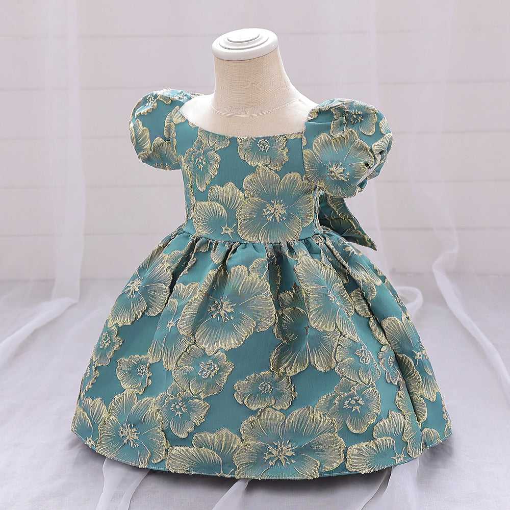 Adorable Satin Floral Princess Dress for Baby Girls | Tea Length Bubble Sleeve Party Dress