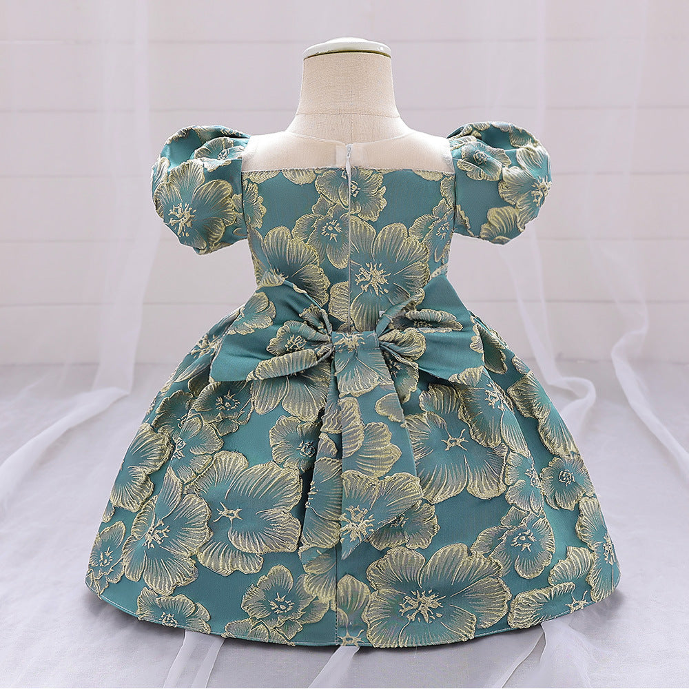 Adorable Satin Floral Princess Dress for Baby Girls | Tea Length Bubble Sleeve Party Dress