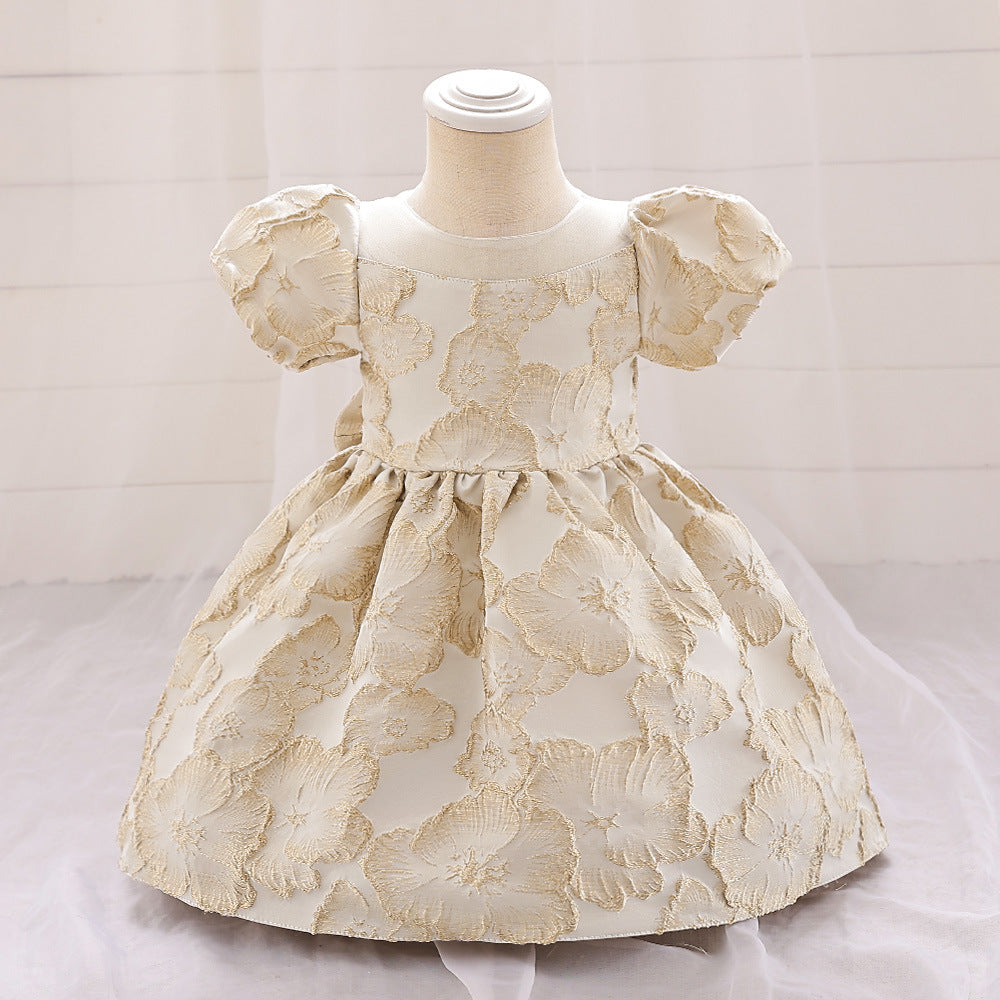Adorable Satin Floral Princess Dress for Baby Girls | Tea Length Bubble Sleeve Party Dress