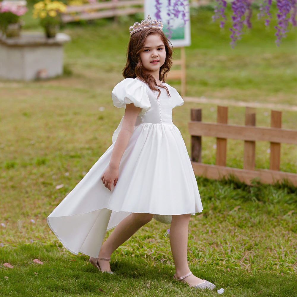 Adorable Satin Princess Dress with Bow & Ruffles for Girls (Ages 3-8) | Tea Length Party Gown