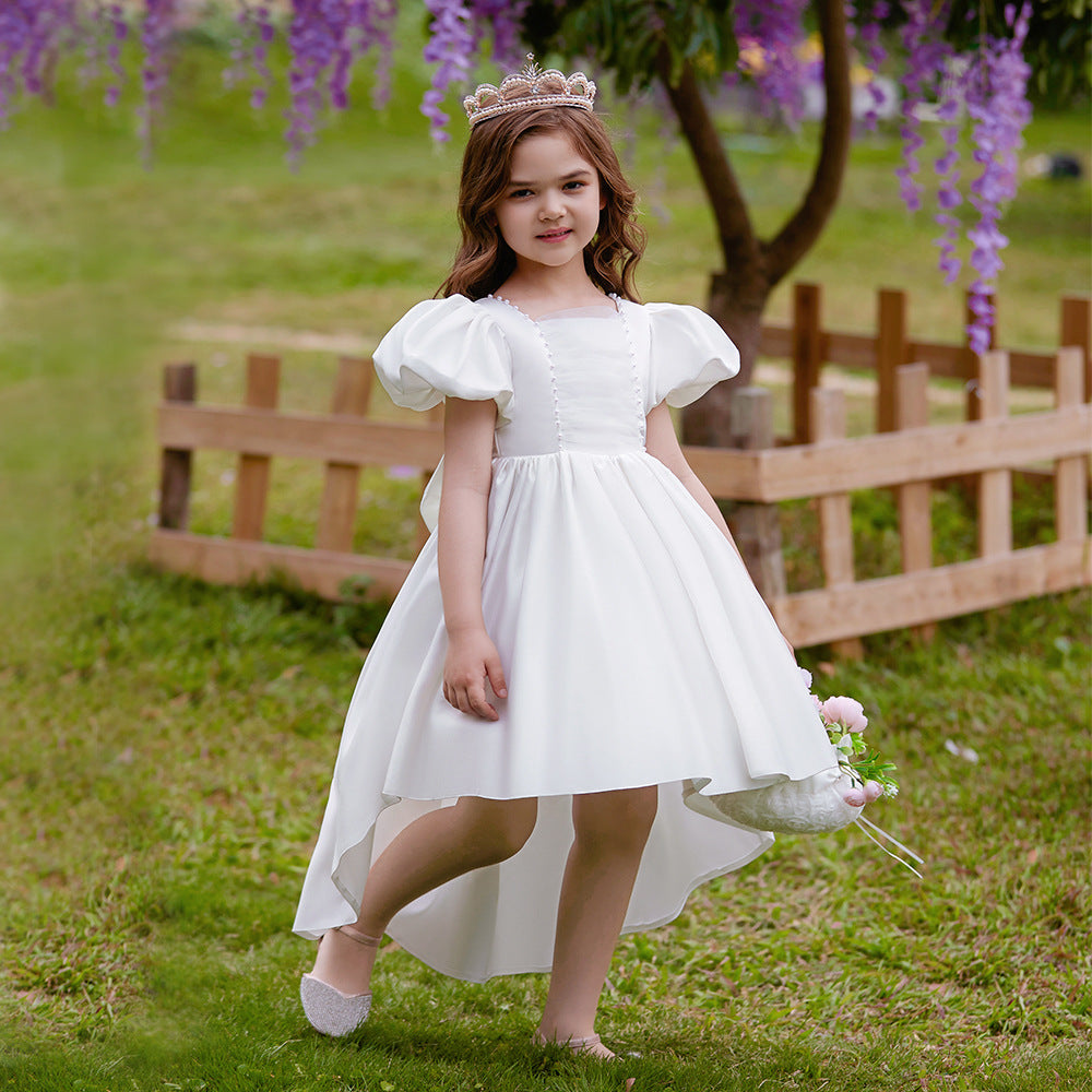 Adorable Satin Princess Dress with Bow & Ruffles for Girls (Ages 3-8) | Tea Length Party Gown