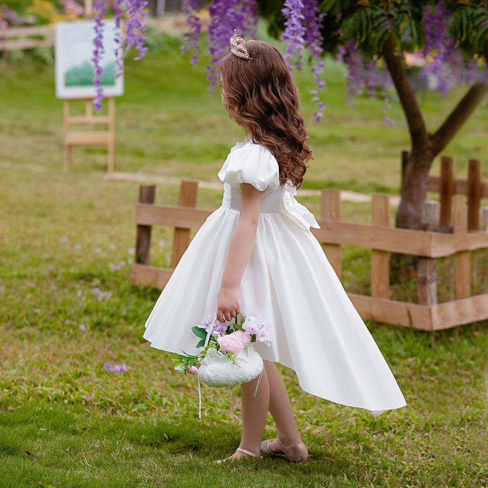 Adorable Satin Princess Dress with Bow & Ruffles for Girls (Ages 3-8) | Tea Length Party Gown
