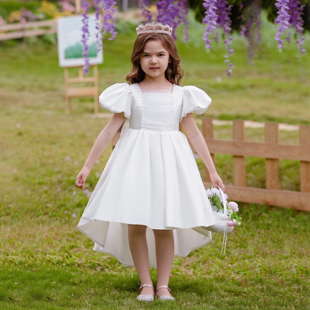 Adorable Satin Princess Dress with Bow & Ruffles for Girls (Ages 3-8) | Tea Length Party Gown