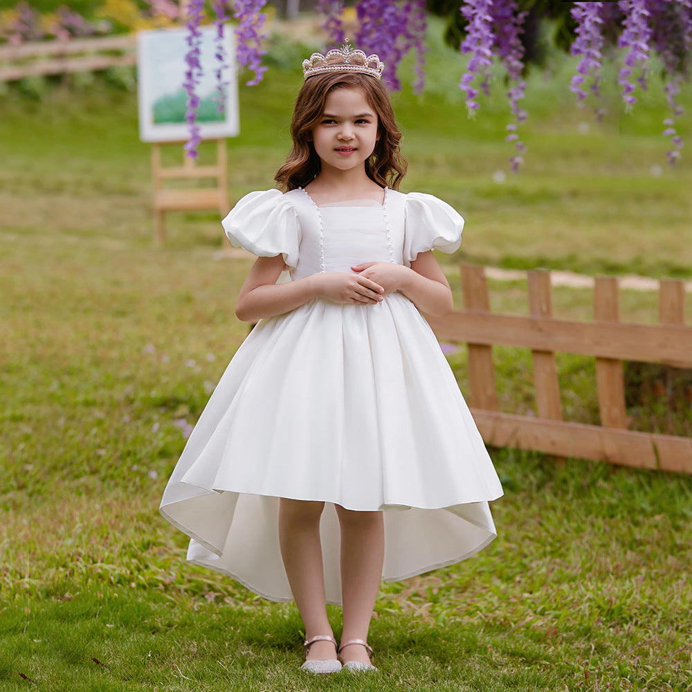 Adorable Satin Princess Dress with Bow & Ruffles for Girls (Ages 3-8) | Tea Length Party Gown