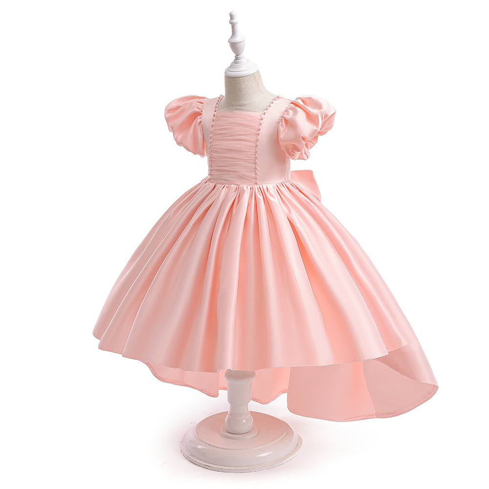Adorable Satin Princess Dress with Bow & Ruffles for Girls (Ages 3-8) | Tea Length Party Gown