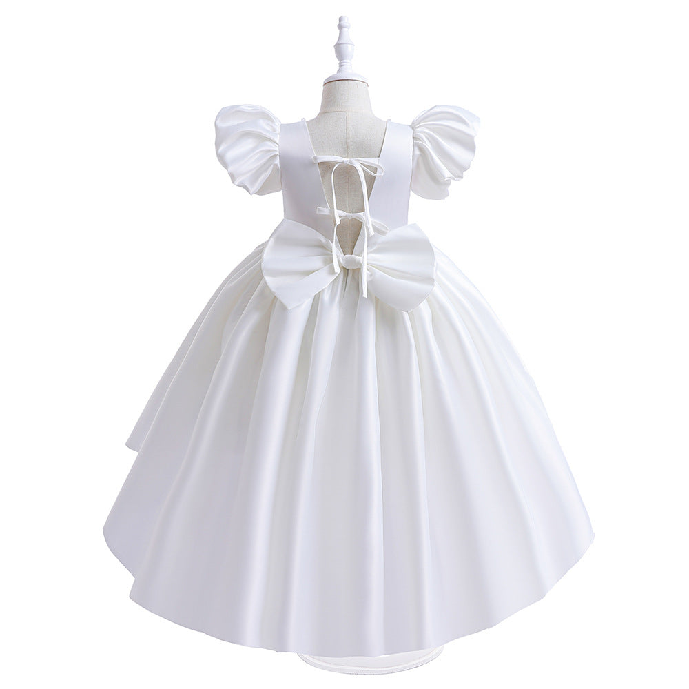 Adorable Satin Princess Dress with Bow & Ruffles for Girls (Ages 3-8) | Tea Length Party Gown