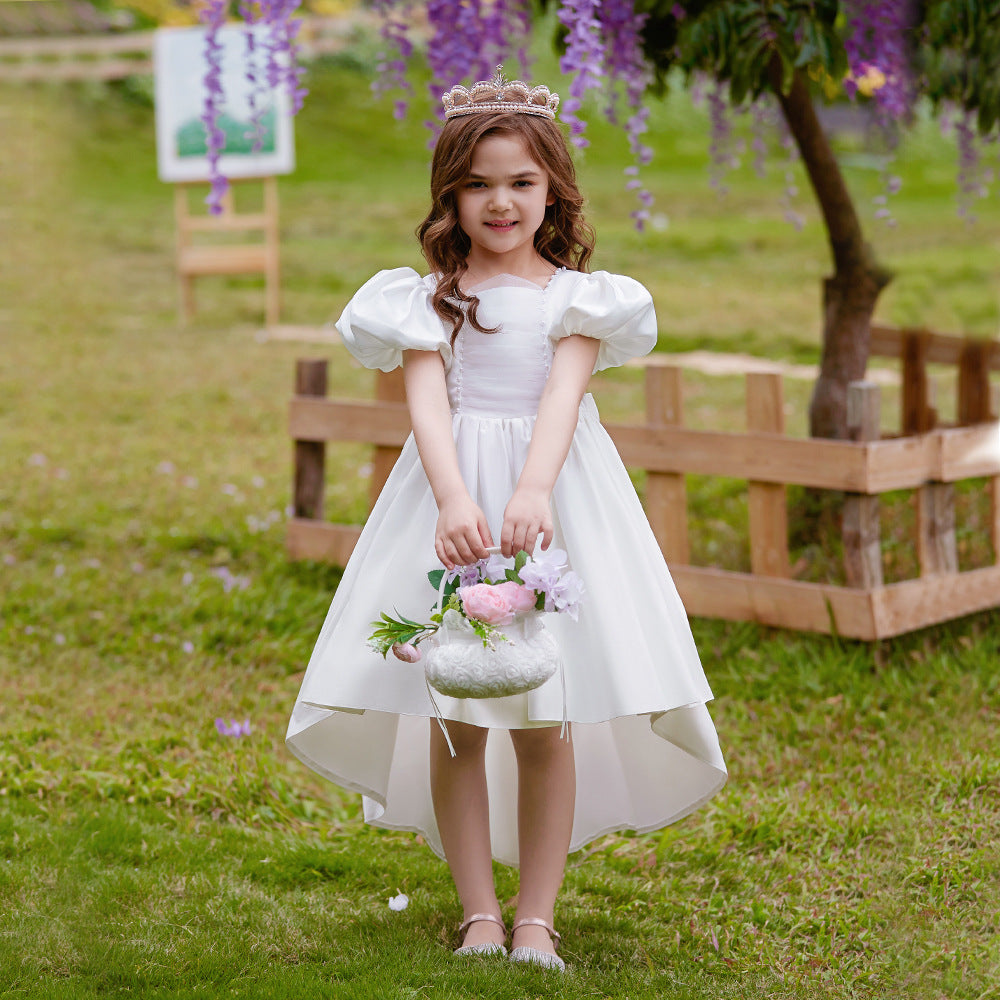 Adorable Satin Princess Dress with Bow & Ruffles for Girls (Ages 3-8) | Tea Length Party Gown