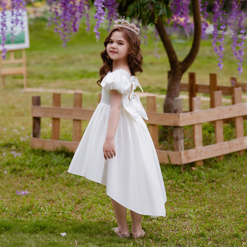 Adorable Satin Princess Dress with Bow & Ruffles for Girls (Ages 3-8) | Tea Length Party Gown