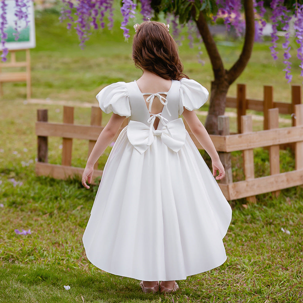 Adorable Satin Princess Dress with Bow & Ruffles for Girls (Ages 3-8) | Tea Length Party Gown