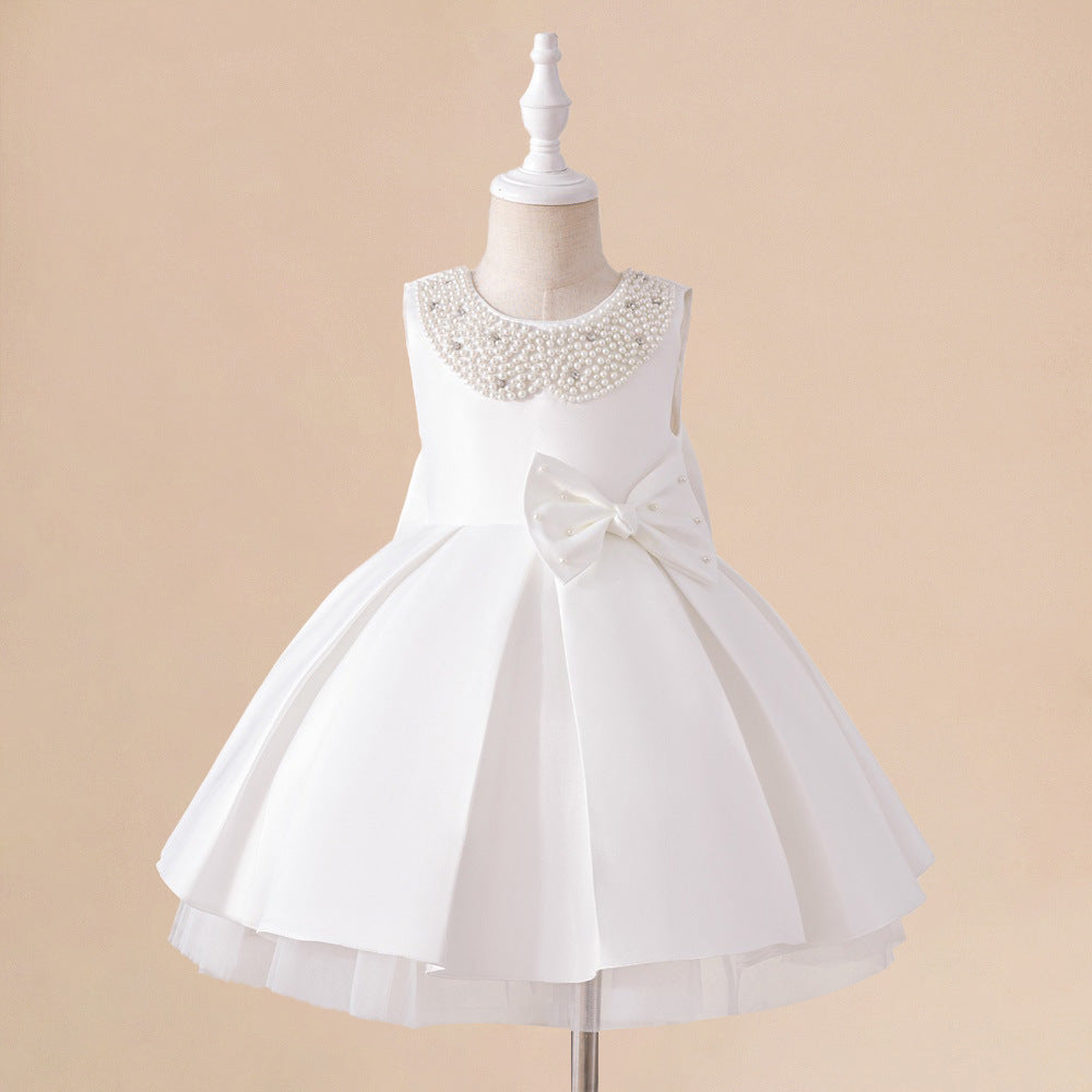White Satin A-Line Flower Girl Dress with Bow & Sequins for Girls 3-8 Years